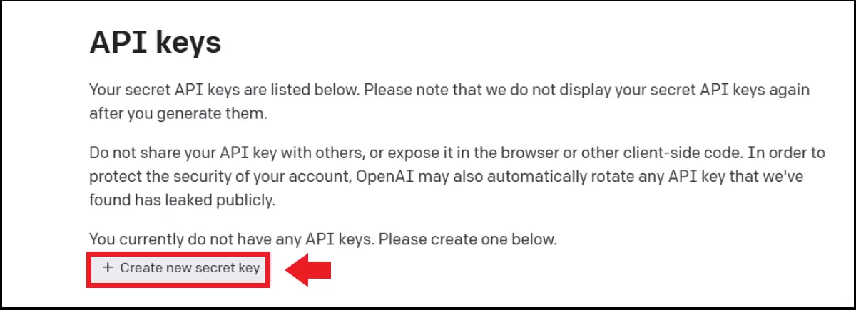 Botão Create new secret key na seção API keys da plataforma da OpenAI