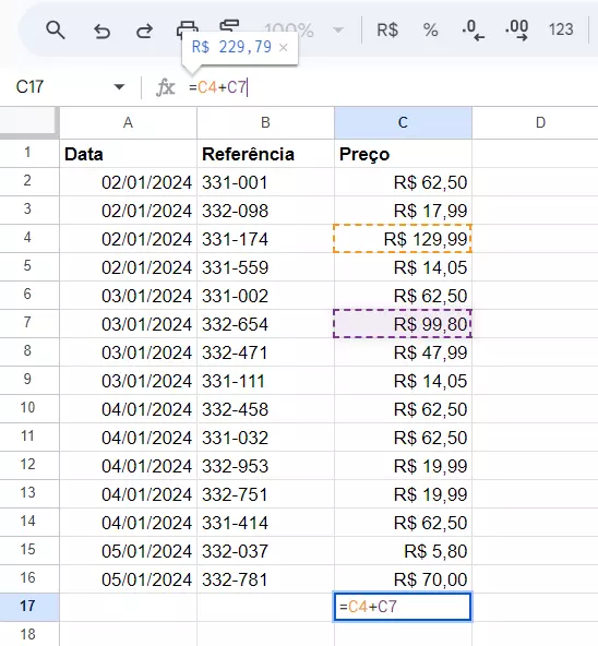 Captura de tela de uma fórmula inserida na barra de fórmulas do Google Planilhas