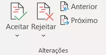 Botões do controle de alterações do Word para aceitar e rejeitar modificações