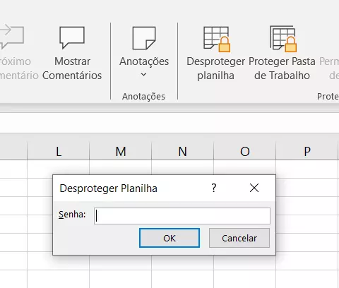 Janela Desproteger Planilha no Excel