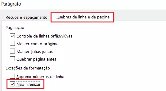 Desativação manual para a não hifenização de parágrafo do Word