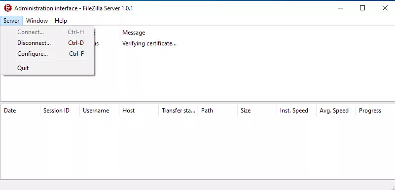 Menu do servidor FileZilla