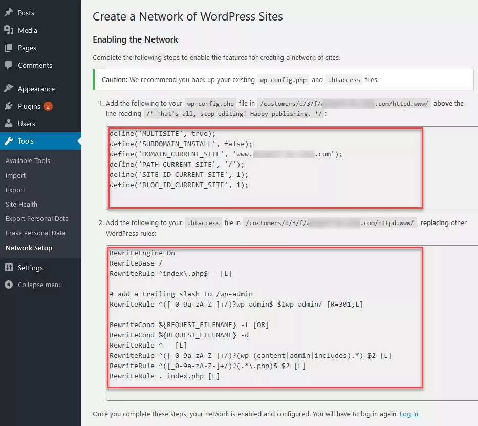 Ferramentas > Configuração de rede: code snippets para habilitar a rede