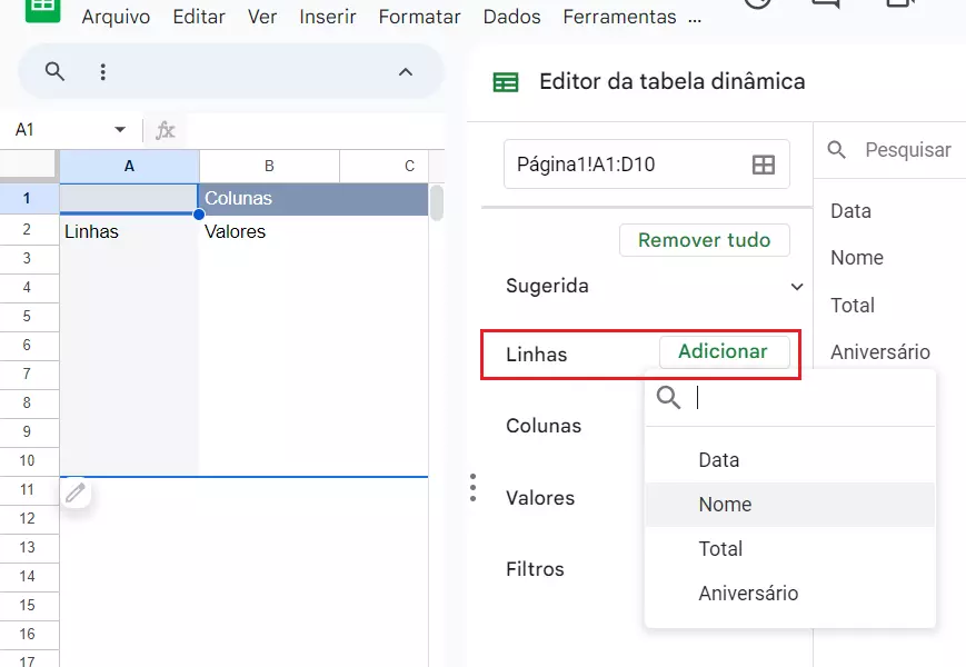 Botão para adicionar linhas em planilha dinâmica do Google Sheets