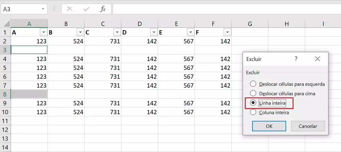 Opção de apagar linhas em branco no Excel