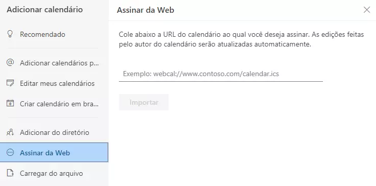 Outlook web: Adicionar um calendário da internet