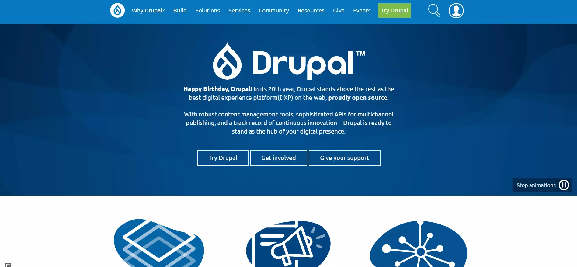 Página inicial da plataforma para sites Drupal