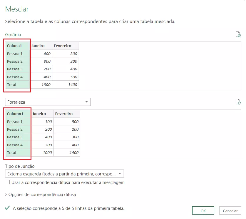 Janela Mesclar do Power Query editor exibe as colunas selecionadas que devem ser mescladas