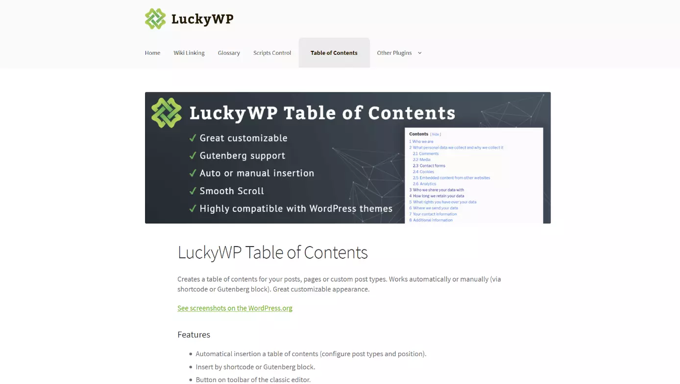 Site do plugin para WordPress LuckyWP Table of Contents