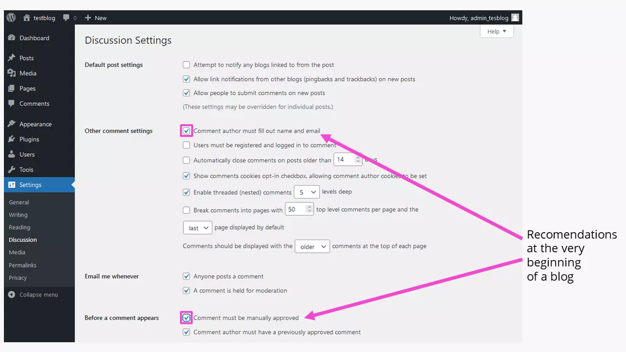 Ao criar um blog WordPress, configure a função de comentários