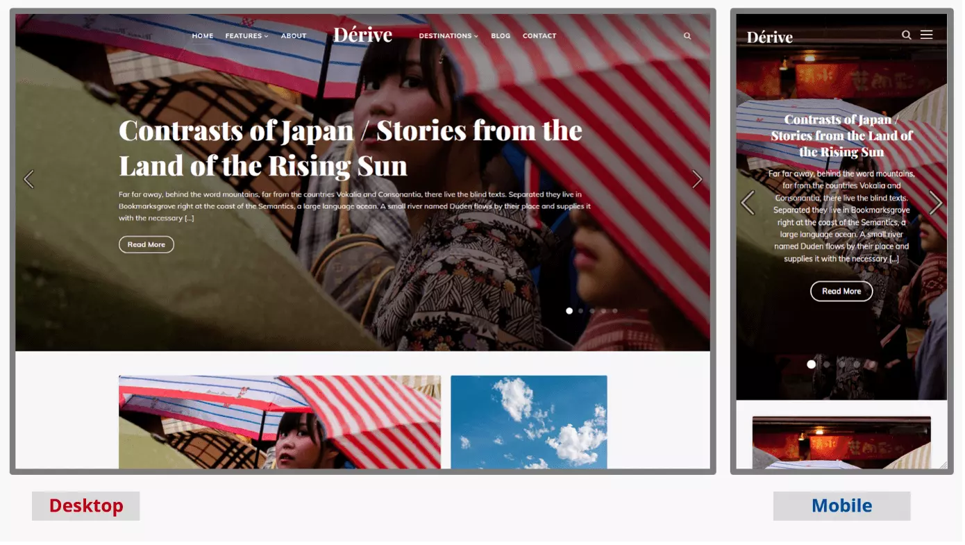 Capturas de tela das versões mobile e desktop do tema para blog WordPress Dérive