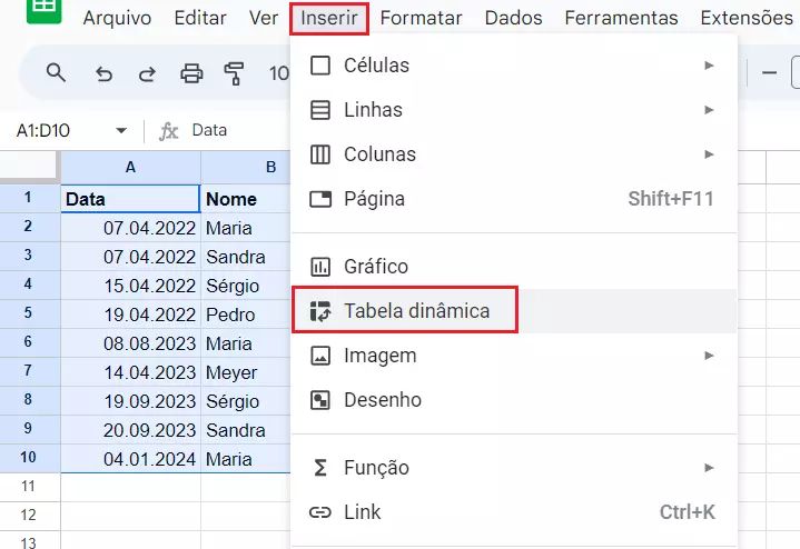 Caminho para se criar uma tabela dinâmica no Google Planilhas