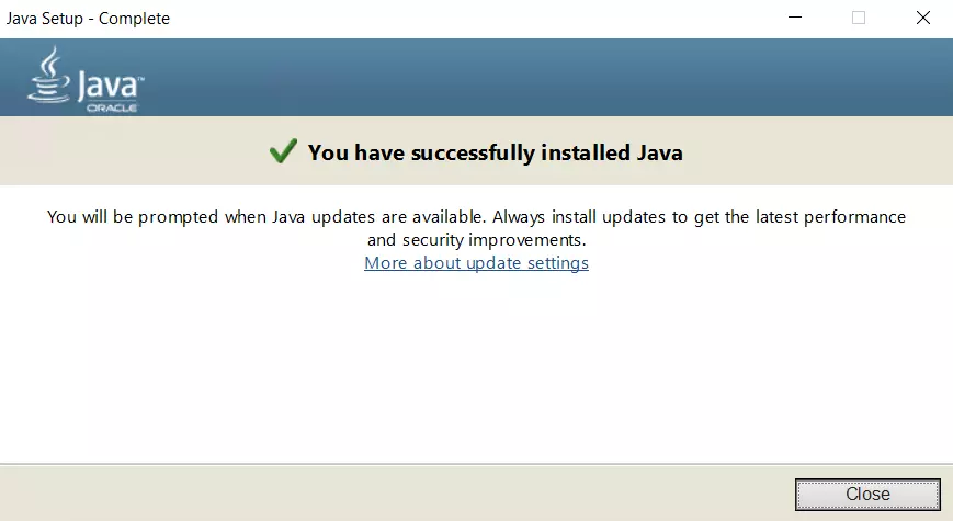 A ferramenta de instalação do Java informa aos usuários que a instalação foi concluída com sucesso