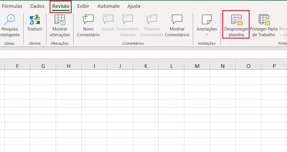 Aba Revisão, botão Desproteger Planilha