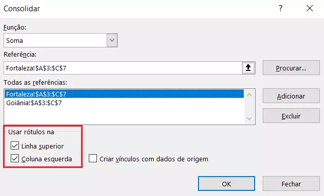 Dados de outra planilha adicionados à janela Consolidar, para serem mesclados