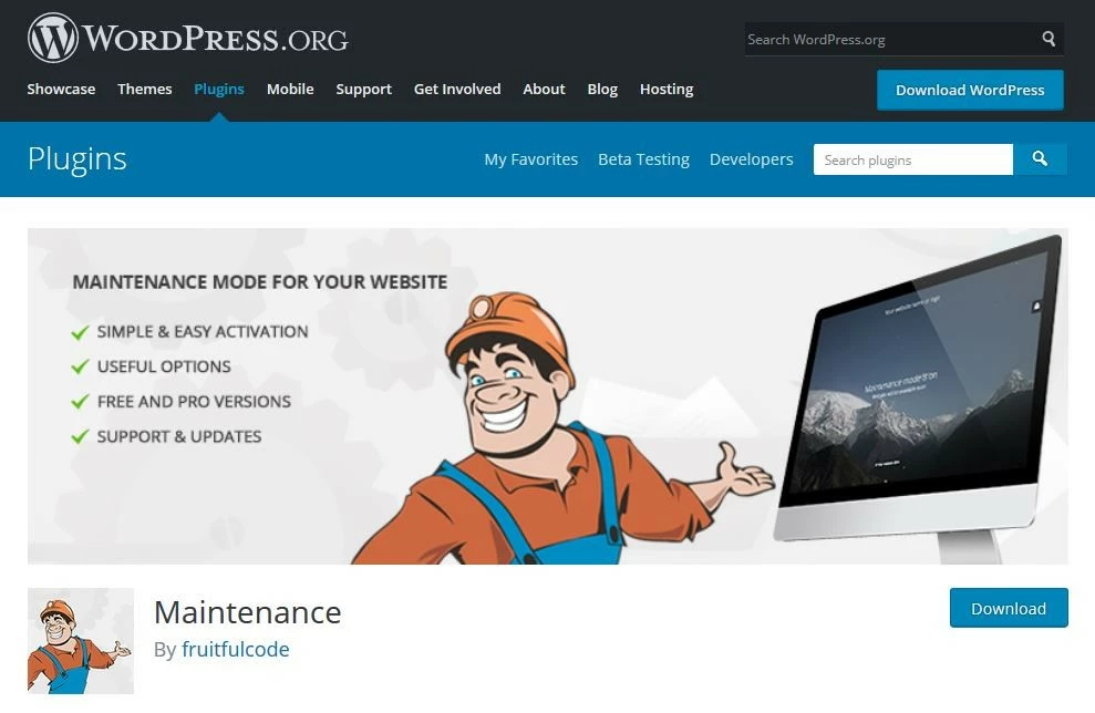 Página de download do plugin Maintenance para WordPress