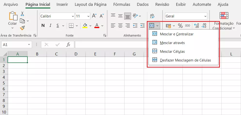 Onde encontrar o botão para mesclar células no Excel