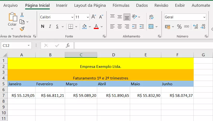 Planilha do Excel com células mescladas