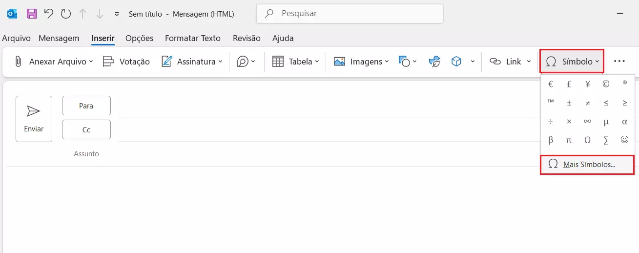 Recurso “Símbolo” entre as opções do Outlook