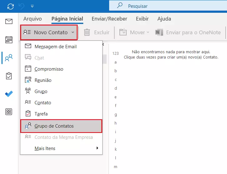 Caminho para criar grupo de contatos no Outlook