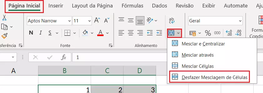 Caminho para desfazer mesclagem de células — somente depois de executar estes passos será possível dividir células no Excel