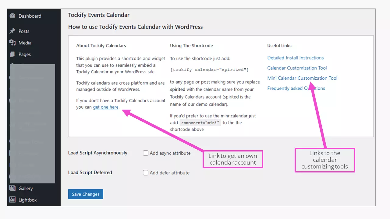 Área administrativa do plugin de calendário WordPress Tockify