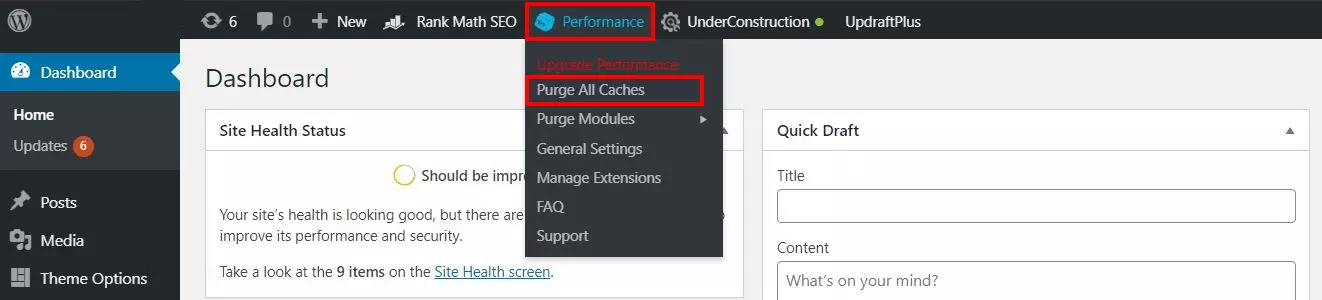 W3 Total Cache: opção no painel para limpar o cache no WordPress