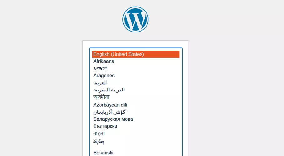 Assistente de configuração do WordPress: seleção de idioma