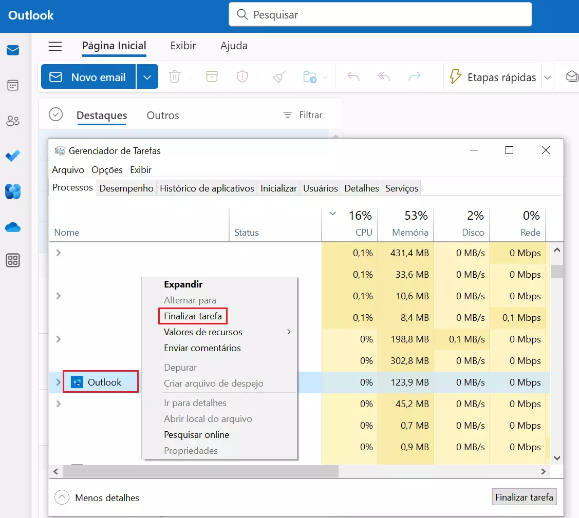 Encerrar Outlook pelo Gerenciador de Tarefas