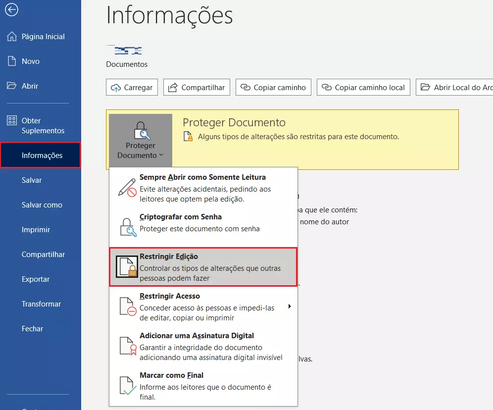 Opção Restringir Edição de documento Word