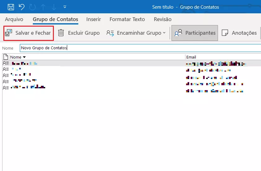 Depois de criar um grupo de contatos no Outlook, clique em Salvar e Fechar