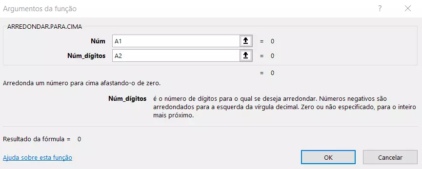 Argumentos da função arredondar para cima do Excel, no assistente de função