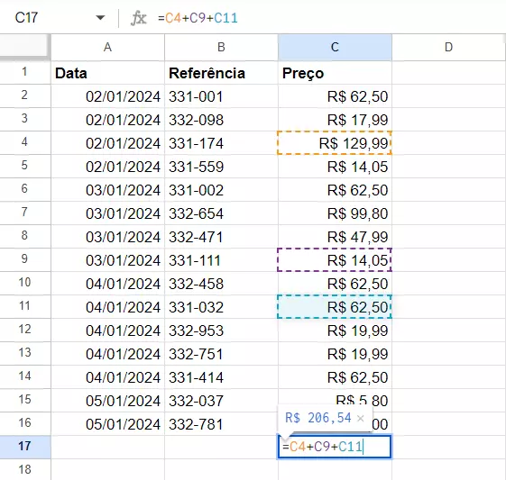 Captura de tela de uma fórmula de adição aplicada a uma planilha do Google