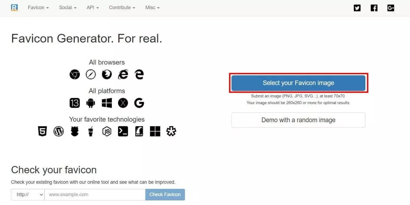 RealFaviconGenerator: janela para fazer upload do favicon