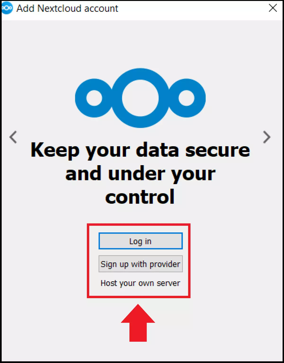 Janela de login do Nextcloud Client