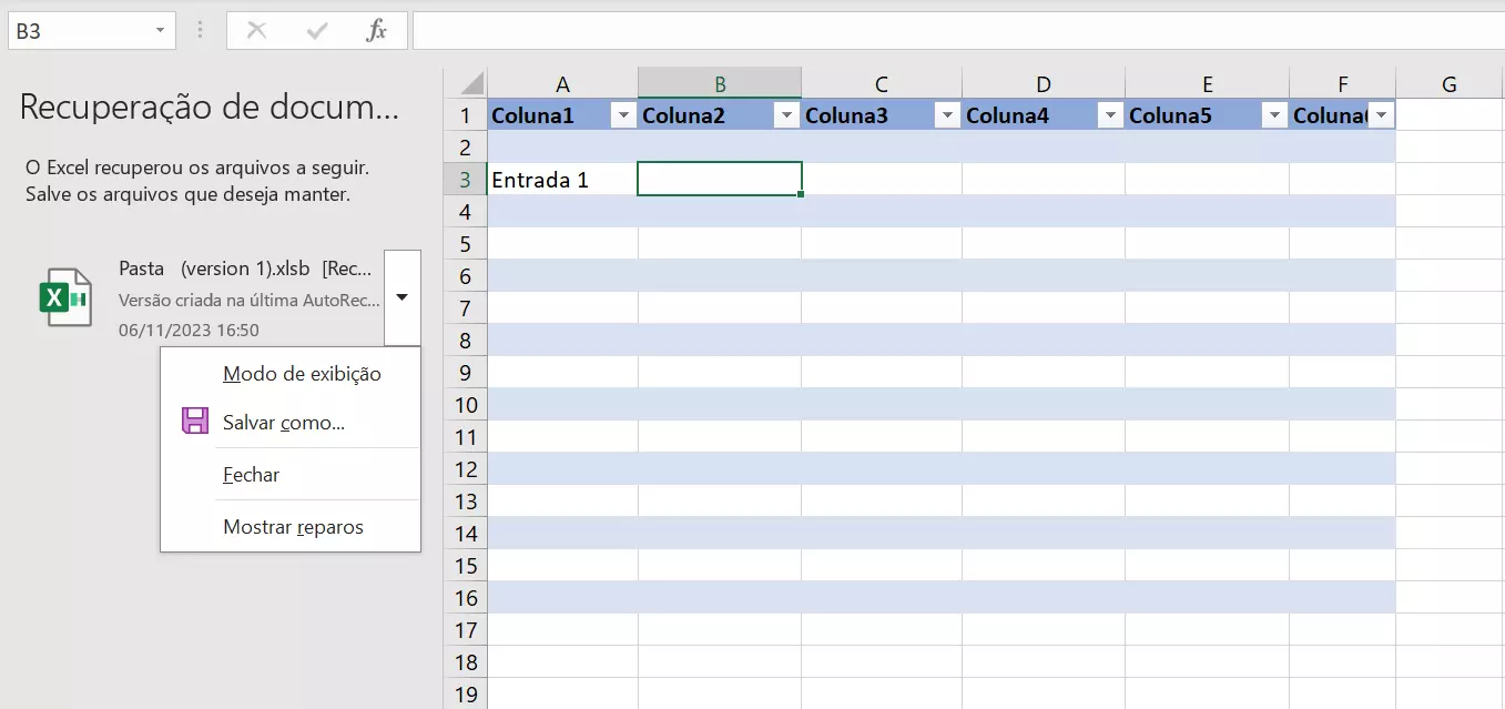 Recuperação de documento no Excel