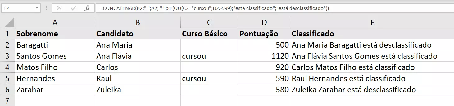 Combinação função SE e OU do Excel com CONCATENAR