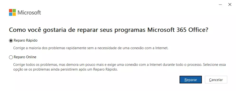 Se o Word não abre, tente reparar os programas Microsoft 365