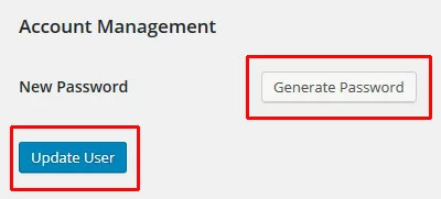 Botões “Gerar senha” e “Atualizar usuário” no painel WordPress
