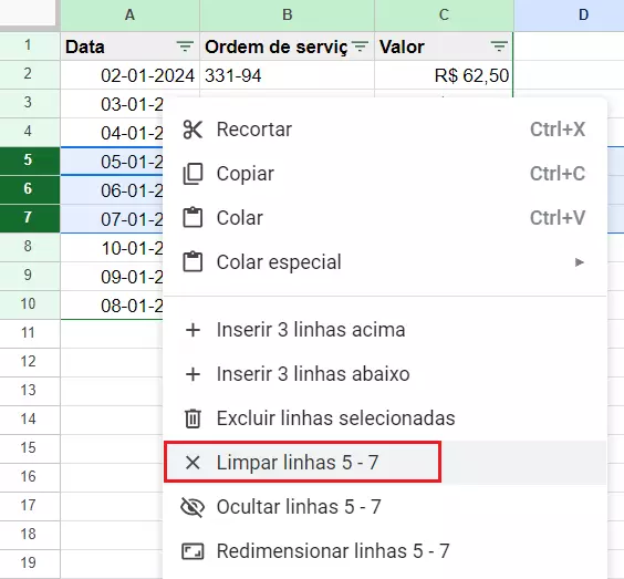 Menu de contexto do Google Sheets apresenta opção para limpar o conteúdo de linhas