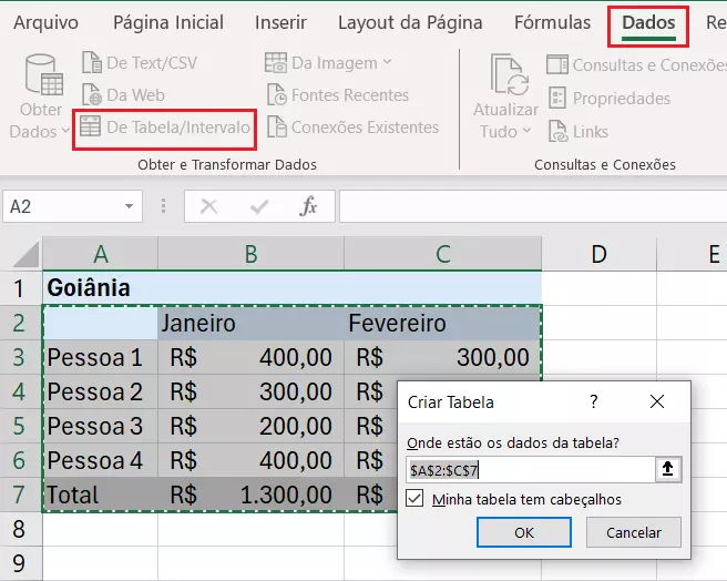 Opção Criar Tabela no Excel, usada para mesclar dados de diferentes arquivos