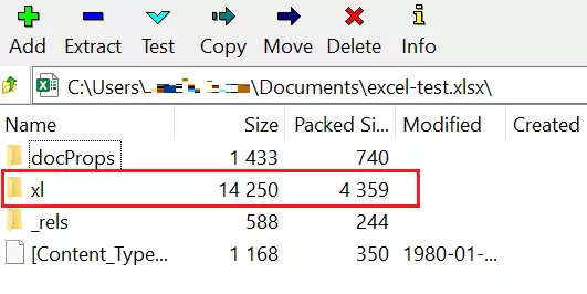 Documento Excel aberto com o programa 7-Zip