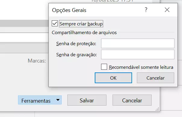 Configuração do Excel: sempre criar backup