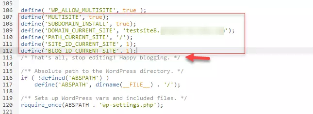 Arquivo wp-config.php com o código adicionado do back-end do WordPress