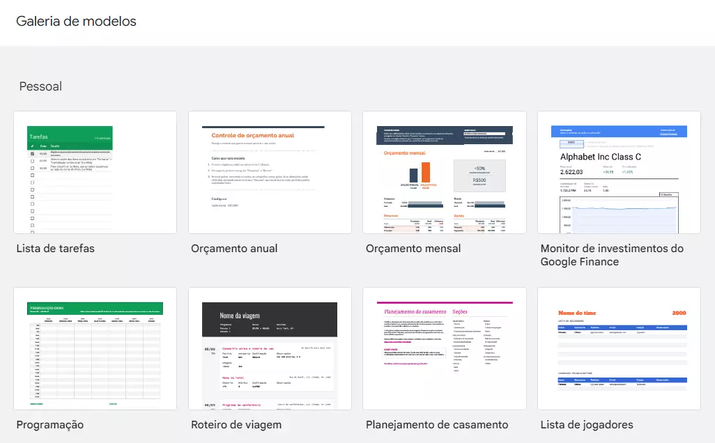 Captura de tela da galeria de modelos do Google Sheets