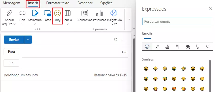 Menu Expressões da aba “Inserir” > “Emoji” do Outlook