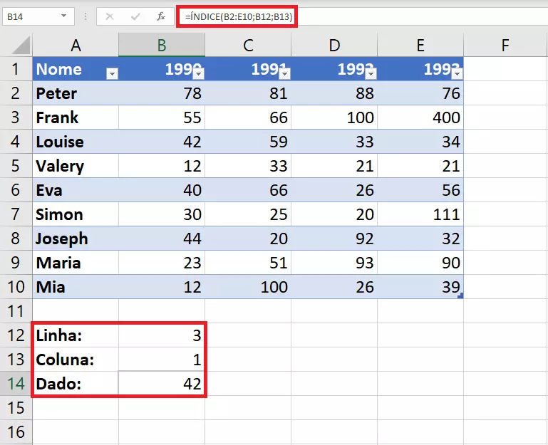 Tabela com função INDEX Excel simples