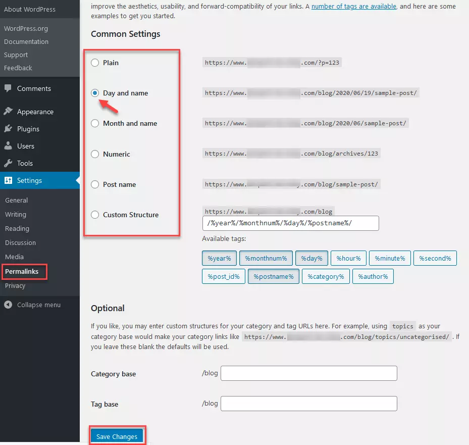 Permalinks: configurações gerais com diferentes opções de links