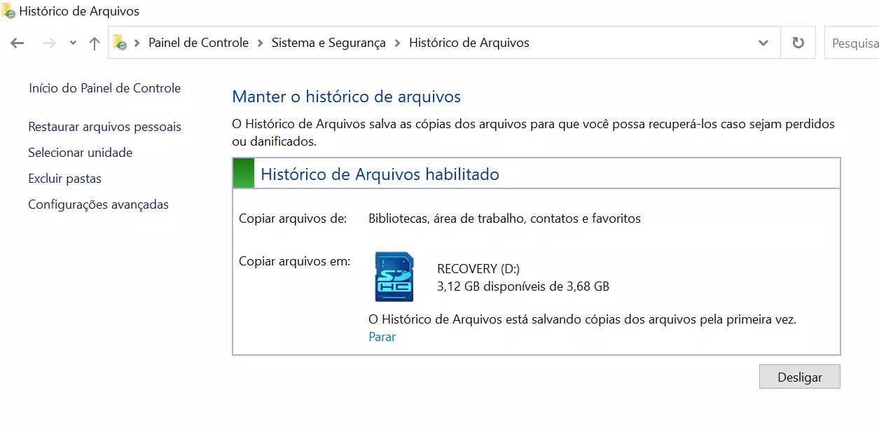 Histórico de arquivos habilitado no Windows