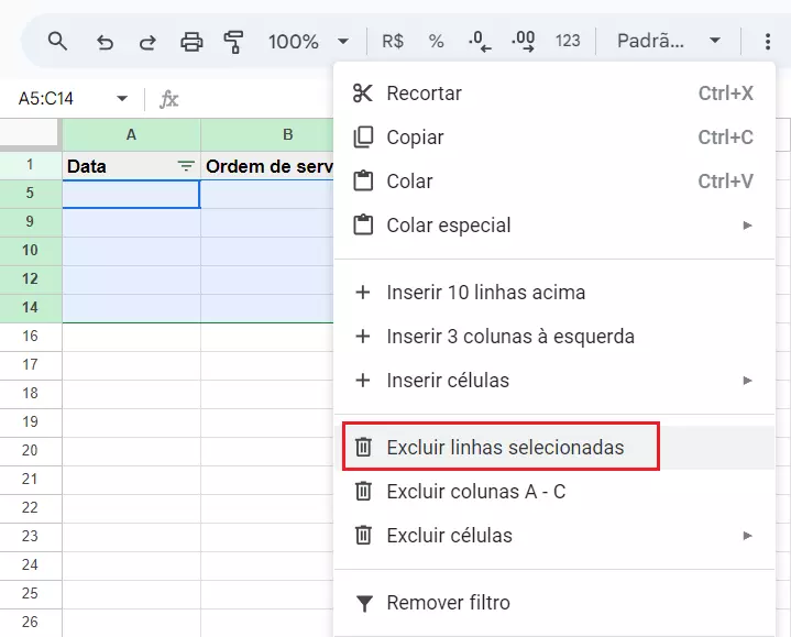 Menu de contexto do Google Sheets apresenta opção Excluir linhas selecionadas